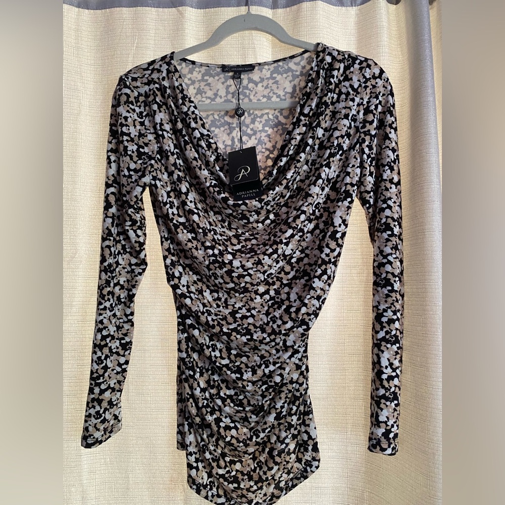 NWT Adrianna Papell draped neck Ruched Long Sleeve multicolor Blouse